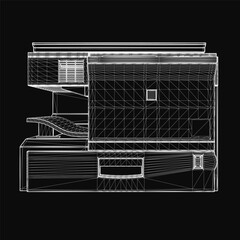 Poster - A 3D model of a house on a black background displays a detailed blueprint with clear architectural elements. The design includes precise measurements, clean lines, and a professional layout.