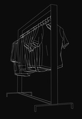Poster - A black and white line drawing of a clothes rack with neatly arranged garments hanging in an orderly fashion. The solid black background emphasizes the clean, minimalist design.