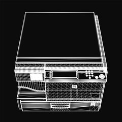 Poster - A 3D blueprint of a computer copier with detailed buttons, knobs, and ports visible on a sleek black background. The design highlights intricate electronic components and functional elements.