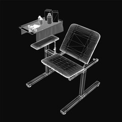 Poster - A hospital chair with an attached desk features a curved backrest and armrests for comfort. The sturdy desk holds a laptop, coffee cup, and other essentials.