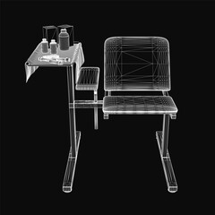 Poster - A 3D model of a hospital desk with a chair and table features bottles and various objects arranged neatly. The dark background enhances the professional setting.