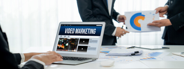 Fototapete - Video Marketing Concept on Laptop Screen. Video Marketing Advertising Business on Social Media and brisk Internet Network Technology Concept
