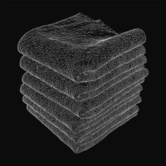Fototapete - A stack of white towel wireframe with clean vector lines sits neatly on a black background, featuring crisp white contours and a slightly tilted top layer.