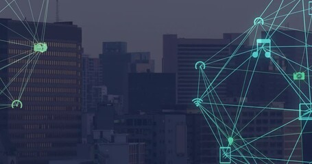 Poster - Mint-green cluster appearing triggers network expanding linking icons visualizing connectivity