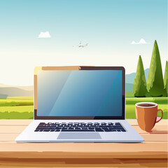 Poster - Laptop and Coffee Cup with Airplane Flying Above Landscape Scene
