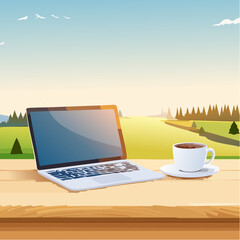 Fototapete - Laptop and Coffee Cup on Wooden Table with Scenic View Background