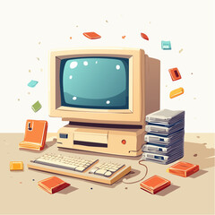 Fototapete - Retro Computer Setup with Disks and Keyboard Colorful Illustration