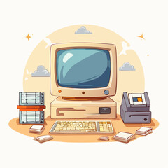 Fototapete - Retro Computer Setup with Floppy Disks and Printer