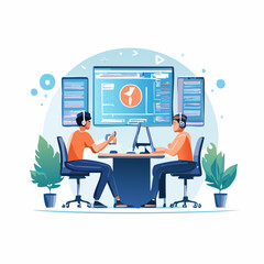 Poster - Two People Collaborating at Desks with Headphones Computers and Plants