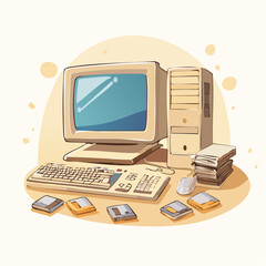 Fototapete - Vintage Computer Setup with Monitor Keyboard Mouse and Floppy Disks