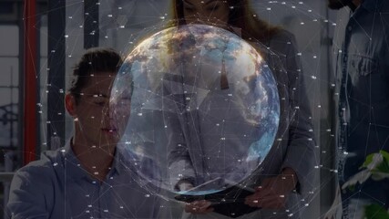 Poster - Tech engineer typing laptop creating Earth hologram, analyst using phone driving network analysis