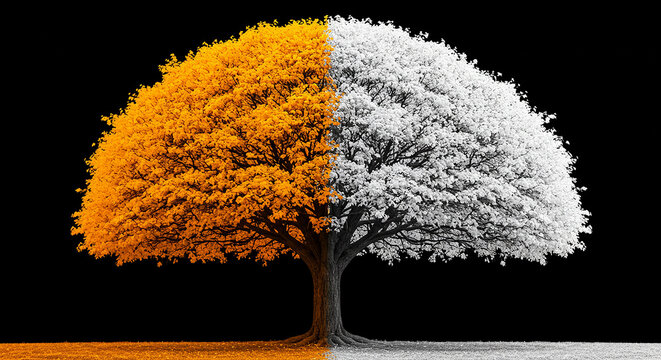 A tree split in half with yellow leaves on one side and white leaves on the other on black background