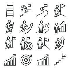 career success icon collection, achievement and progress symbols for growth and goals