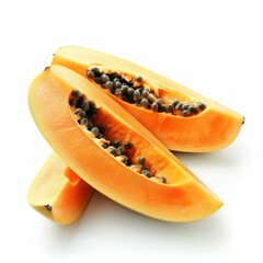 Poster - Sliced papaya fruit displaying black seeds and vibrant orange pulp, isolated on a white background