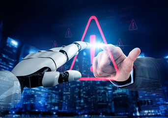 Poster - AI monitors network to issue real-time alerts for cybersecurity incidents. Alert warning showing red cyber for data breach, network threat, emphasis on security risk, caution, digital protection Vouch