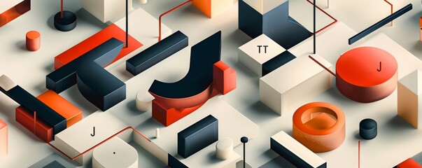 Poster - Abstract isometric poster with letters T and J in red, black, and white geometric design