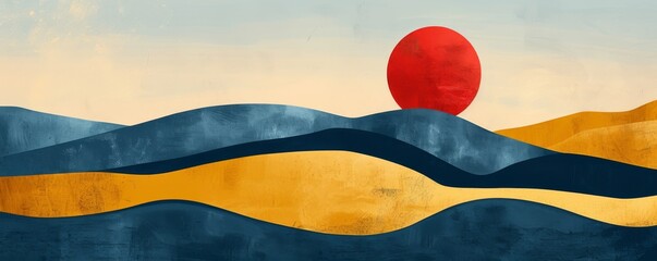 Poster - Abstract retro poster with a vibrant red sun over rolling blue and yellow hills