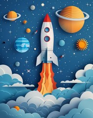 Wall Mural - colorful rocket launching into space with vibrant planets and celestial bodies