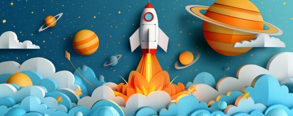 Wall Mural - a rocket flying through the sky surrounded by planets and clouds in a whimsical space illustration