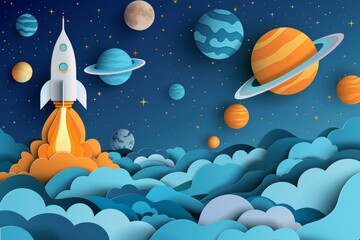 Wall Mural - colorful rocket flying in a whimsical galaxy with planets and stars