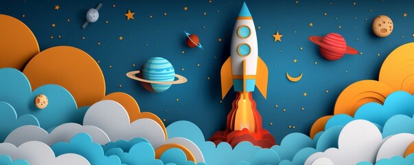 Wall Mural - rocket launching into space with colorful planets and clouds in the background