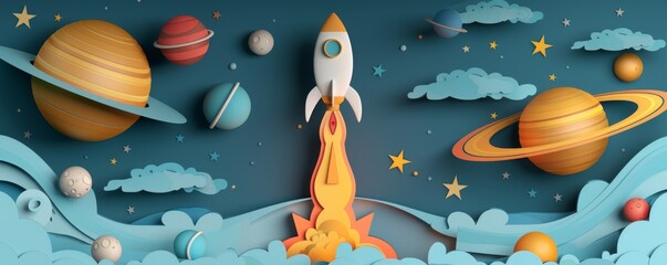 Wall Mural - rocket taking off amidst colorful waves and planets in a vibrant outer space scene