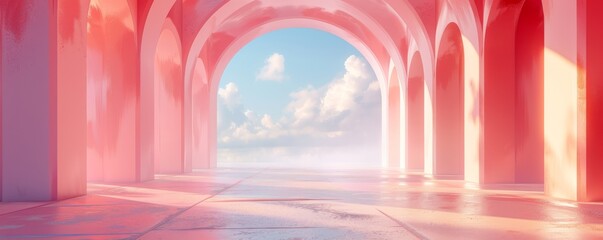 Poster - Minimalistic geometric pink architecture with arches and sunlight reflections