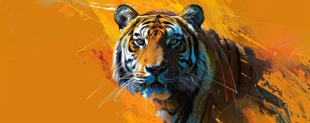 Poster - Stylized tiger portrait with retro-futuristic geometric shapes and vibrant colors