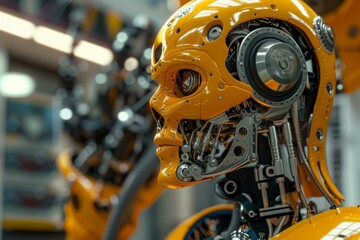 Poster - Close up of a futuristic yellow robot's head, highlighting its intricate mechanics and advanced technology in a high tech setting