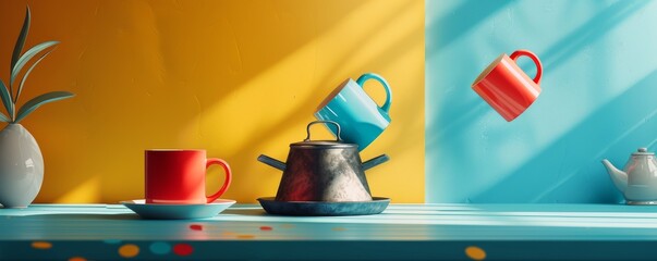 Poster - Colorful abstract composition with floating teacups and teapot in vibrant setting