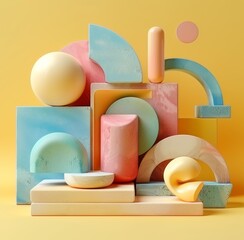 Poster - Abstract composition with pastel colored geometric shapes and spheres