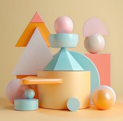Poster - Abstract composition of pastel colored shapes and spheres in geometric patterns