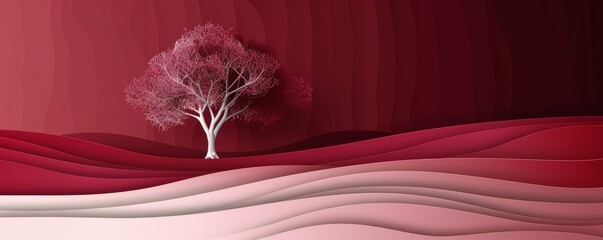 Poster - Abstract art of white tree on layered red background conveying calmness and serenity
