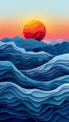 Poster - Colorful abstract landscape with sunrise over layered hills and mountains