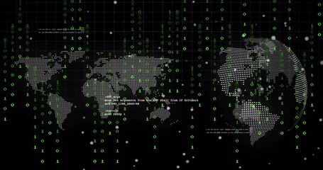 Aufkleber - Starting map and rotating globe, streaming binary scrolling text and drifting dots for data display