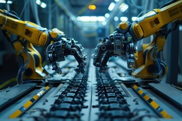 Poster - Two robotic arms performing tasks on an assembly line inside a technologically advanced factory