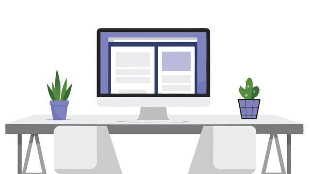 Illustration of a computer on a desk with two chairs and plants on either side in a minimalist style