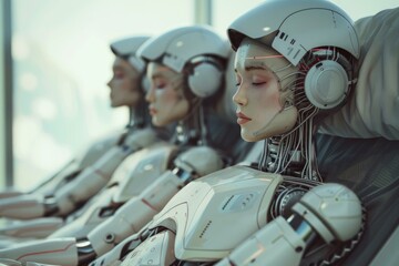 Poster - Three futuristic female robots are relaxing in a modern interior with large windows