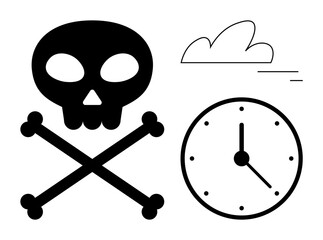 Poster - Skull and bones, analog clock, and cloud suggesting danger, transience, urgency, and environmental concern. Ideal for warnings, deadlines, time limits hazards safety awareness and simple landing