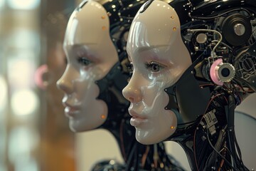 Poster - Two female androids demonstrating advanced ai technology and robotics