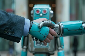 Poster - Business agreement between human and robot, shaking hands