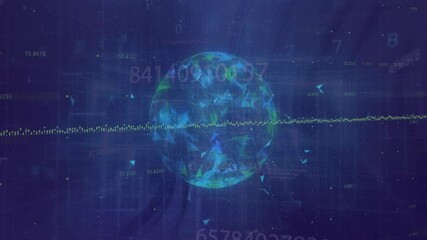 Poster - Materializing sphere rotating and emitting shards while waveform pulsing, visualizing live data