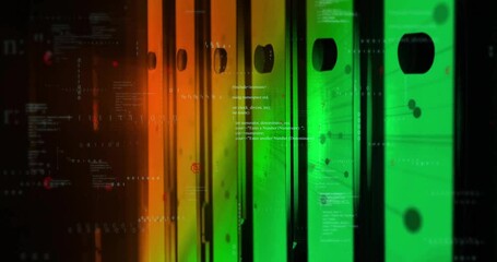 Poster - On start, translucent gradient bars shifting colors and pulsing code overlays visualizing data flow