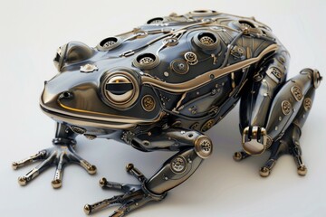 Poster - Intricate steampunk frog sculpture showcasing metallic details and clockwork components