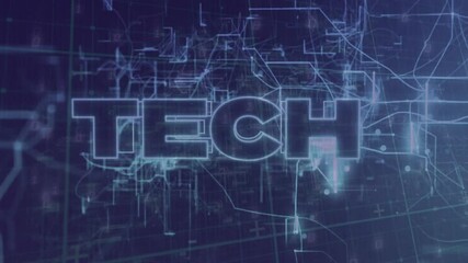 Poster - Subtle light pulses traveling along circuitry causing neon lines flickering, shaping glowing TECH