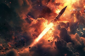 Wall Mural - powerful rocket propelling itself through a nebula and asteroid field, embarking on an interstellar 