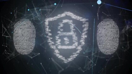 Poster - Drifting code fragments forming sphere glitching into shield padlock fingerprints securing data