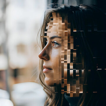 face of woman merging with glitch pixels digita