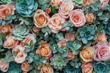 Poster - Peach roses and succulents arranged together create a beautiful floral backdrop