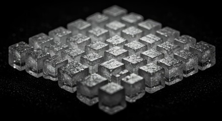 Fototapete - 3D-printed, crystalline cube array.  Close-up, grayscale